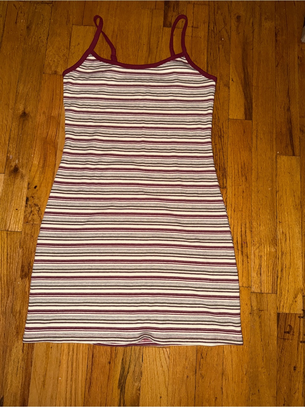 Striped Spaghetti-Strap Mini Dress in Burgundy and White